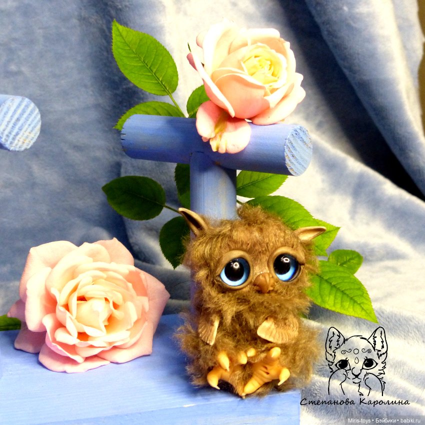Совята в розах — Игрушки в смешанной технике (мех и глина): Арт