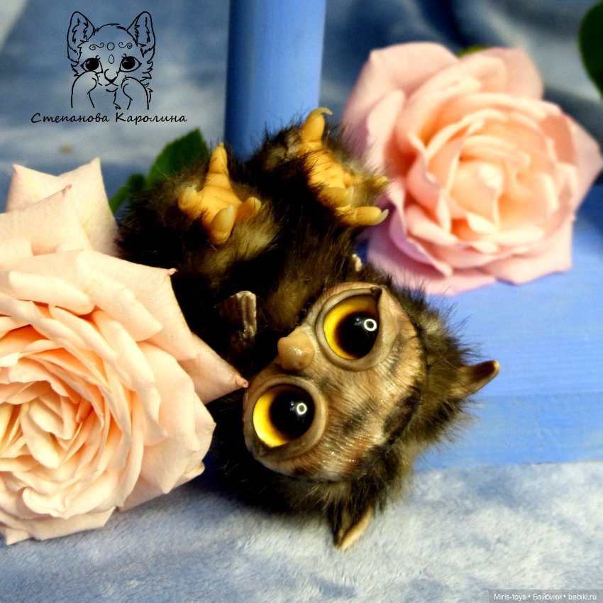 Совята в розах — Игрушки в смешанной технике (мех и глина): Арт