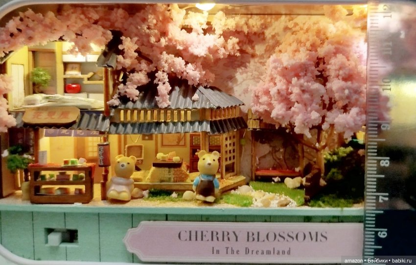 Румбокс с медвежатами, подсветкой, шкатулкой, деревянной подставкой "Цветущая Сакура" (фото 3)