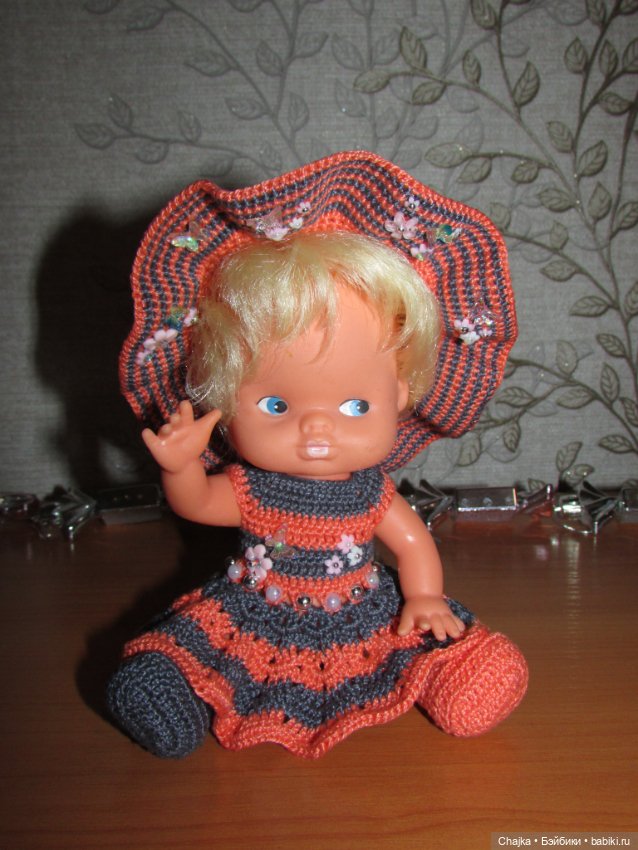 Авторский вязаный наряд\комплект с шляпой "Цветочная Фея-1" на кукол ГДР Кисс Ми \ Kiss Me (фото 5)