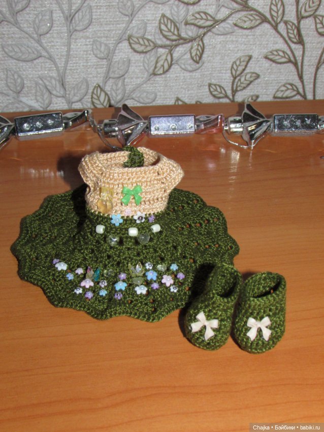 Авторский вязаный наряд\комплект с шляпой "Цветочная Фея-2" на кукол ГДР Кисс Ми \ Kiss Me
