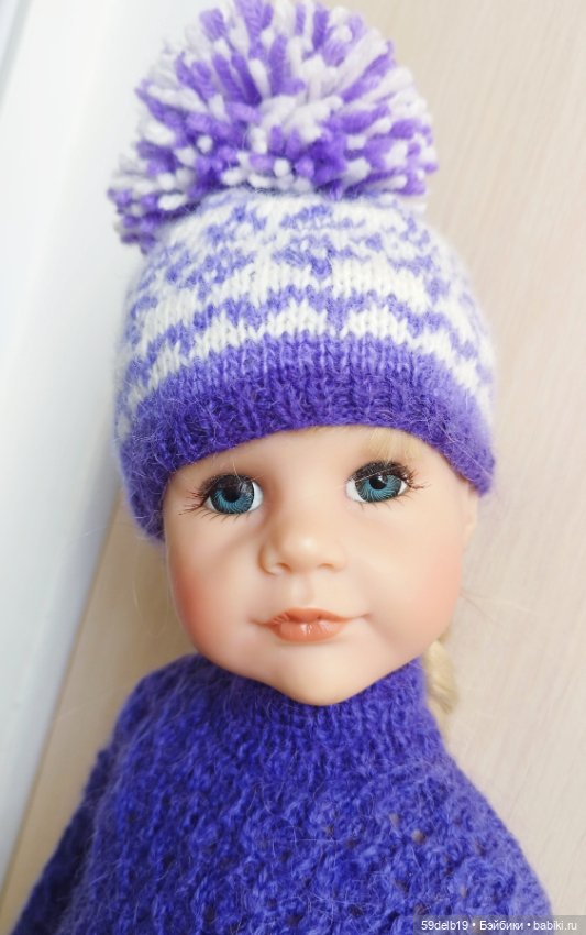 Как связать ажурный фиолетовый свитер и шапочку с жаккардом для готц 50 см. Небольшие рекомендации для умеющих вязать