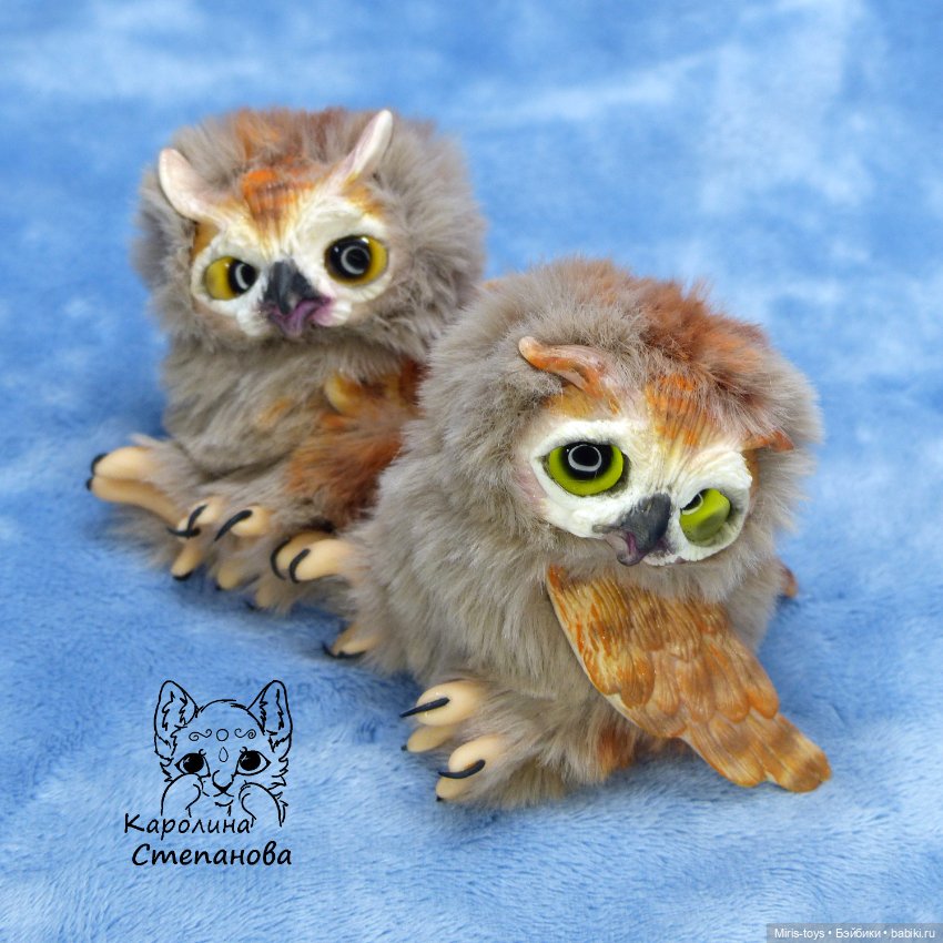 Семья Ушастых сов — Игрушки в смешанной технике (мех и глина): Арт