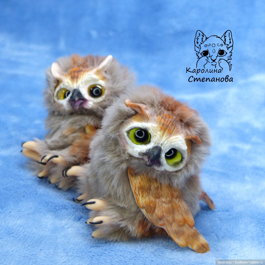 Семья Ушастых сов — Игрушки в смешанной технике (мех и глина): Арт