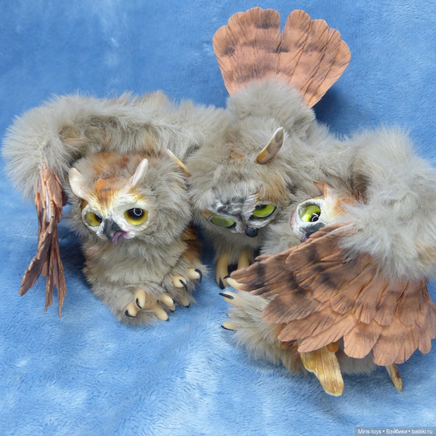 Семья Ушастых сов — Игрушки в смешанной технике (мех и глина): Арт