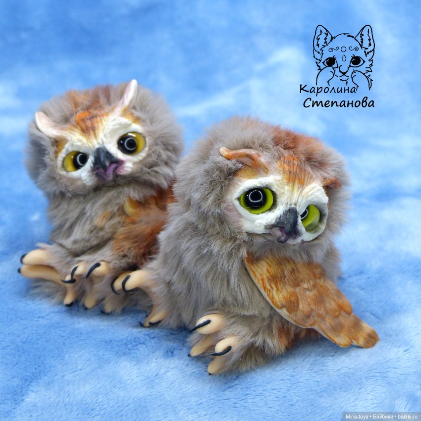 Семья Ушастых сов — Игрушки в смешанной технике (мех и глина): Арт
