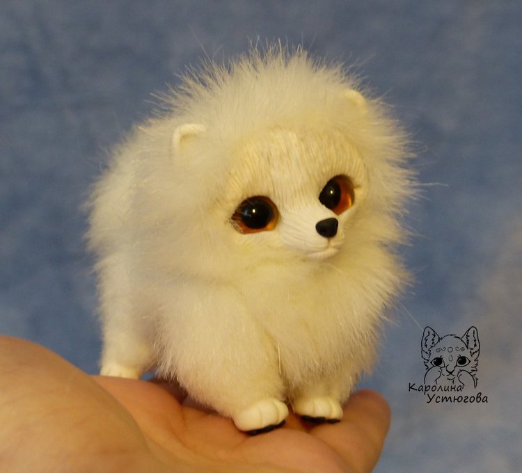 Миниатюрный Щенок Шпица — Игрушки в смешанной технике (мех и глина): Арт