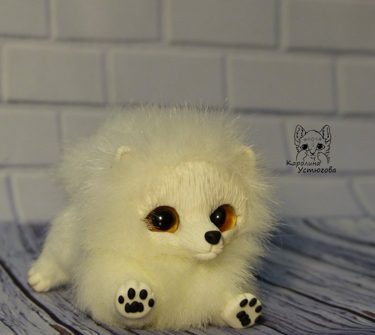 Миниатюрный Щенок Шпица — Игрушки в смешанной технике (мех и глина): Арт