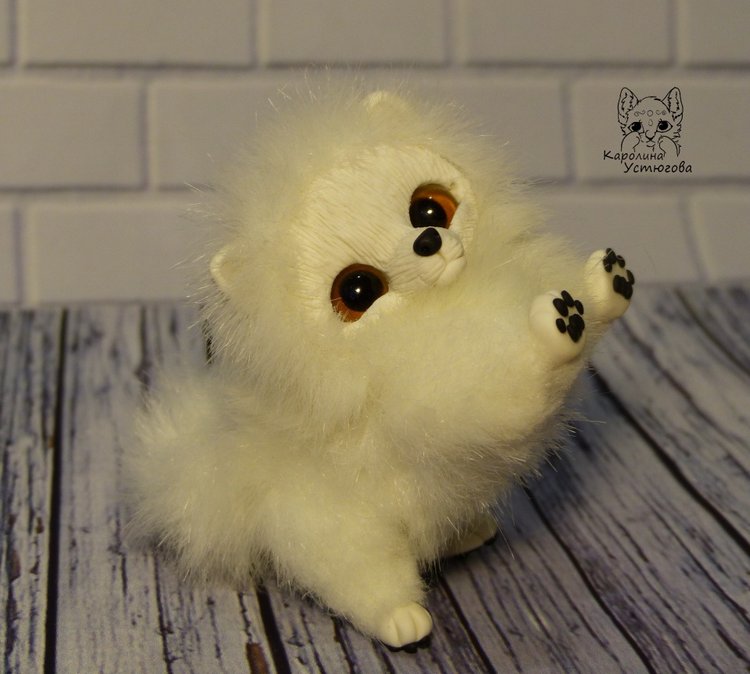 Миниатюрный Щенок Шпица — Игрушки в смешанной технике (мех и глина): Арт