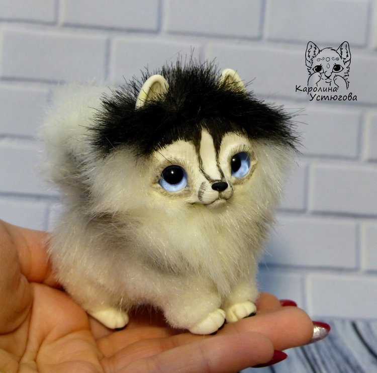 Миниатюрный щенок Хаски — Игрушки в смешанной технике (мех и глина): Арт