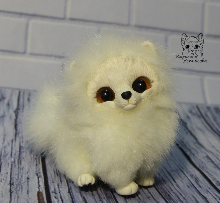 Миниатюрный Щенок Шпица — Игрушки в смешанной технике (мех и глина): Арт