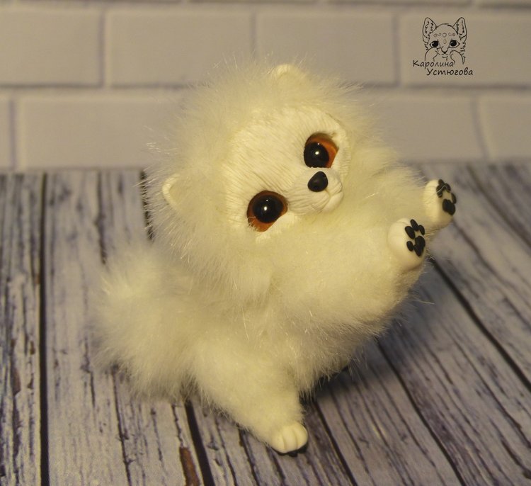 Миниатюрный Щенок Шпица — Игрушки в смешанной технике (мех и глина): Арт