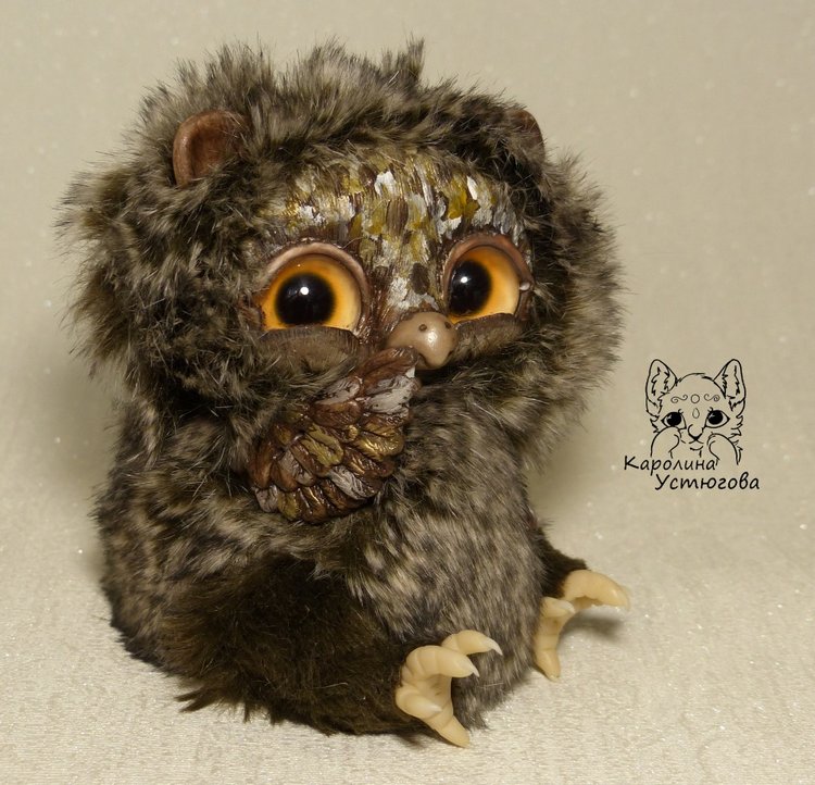Счастливая сова — Игрушки в смешанной технике (мех и глина): Арт