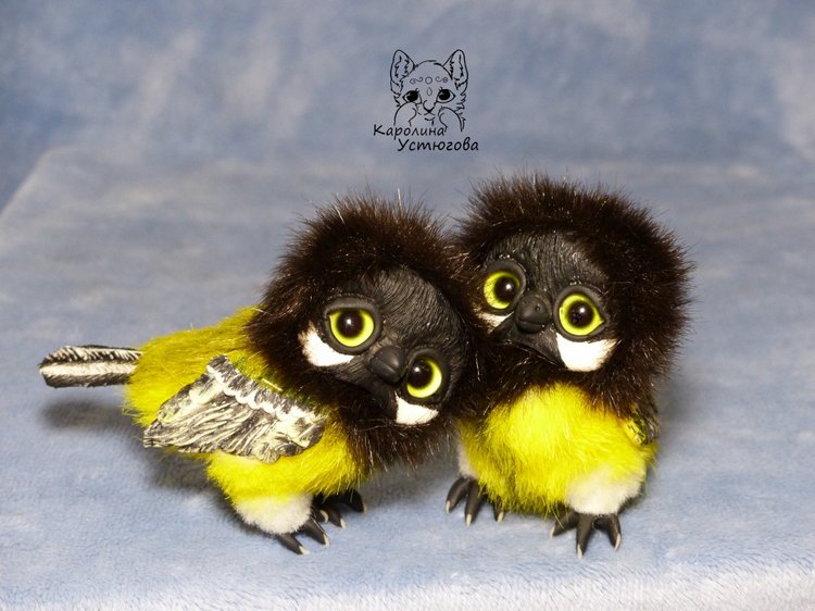 Синички — Игрушки в смешанной технике (мех и глина): Арт