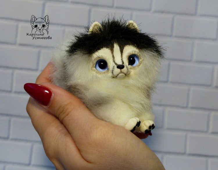 Миниатюрный щенок Хаски — Игрушки в смешанной технике (мех и глина): Арт