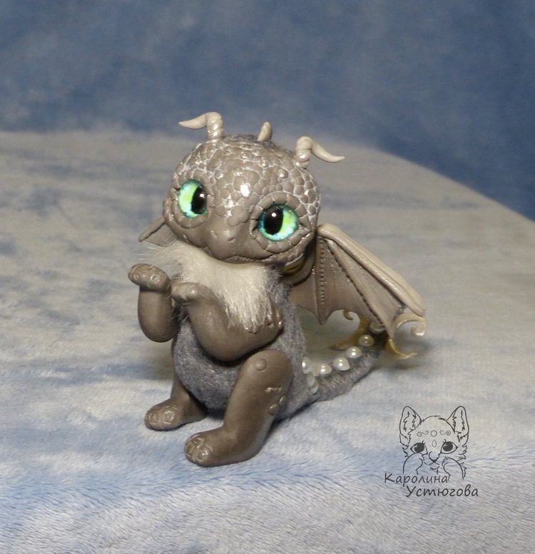 Серый дракон — Игрушки в смешанной технике (мех и глина): Арт