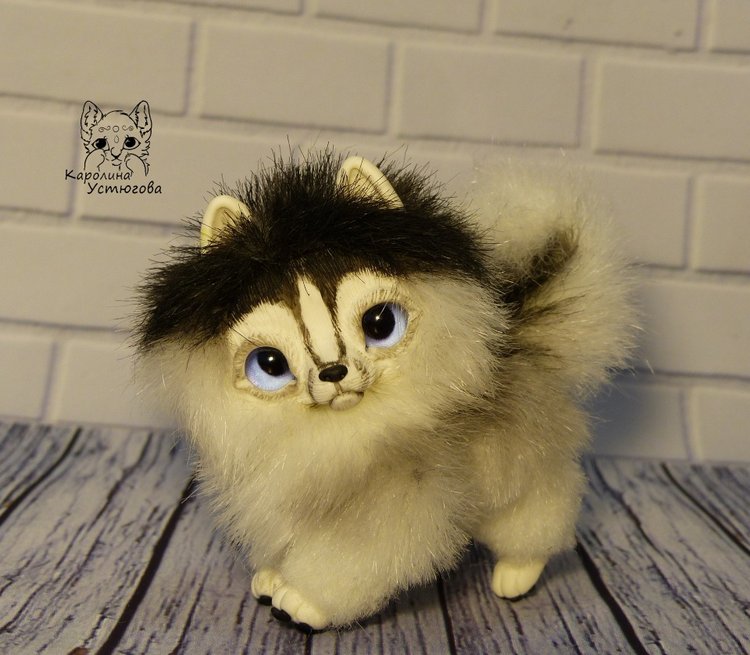 Миниатюрный щенок Хаски — Игрушки в смешанной технике (мех и глина): Арт