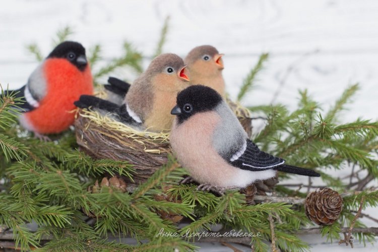 Снегири — Валяные игрушки из шерсти: сухое валяние (фото 4)