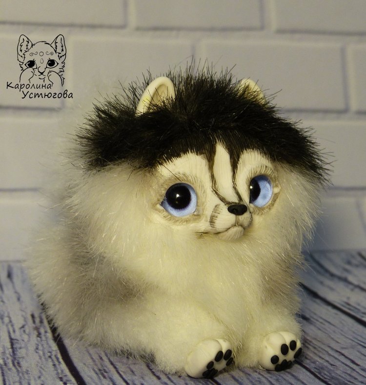 Миниатюрный щенок Хаски — Игрушки в смешанной технике (мех и глина): Арт