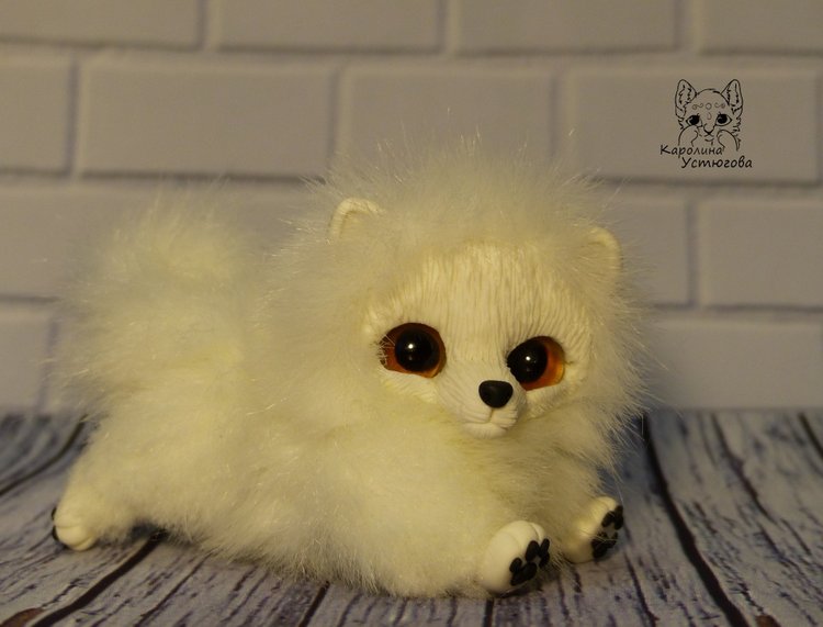 Миниатюрный Щенок Шпица — Игрушки в смешанной технике (мех и глина): Арт