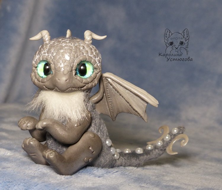 Серый дракон — Игрушки в смешанной технике (мех и глина): Арт